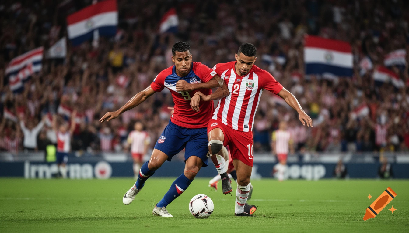 Two male soccer players, one in a blue 'USA' jersey and one in a red and white striped jersey, battle for the ball on a green field during a game with a blurred stadium crowd in the background.