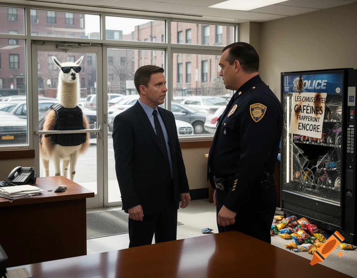 A police officer and a man in a suit stand in an office with a llama in sunglasses and a tactical vest outside a glass door, next to a broken vending machine.