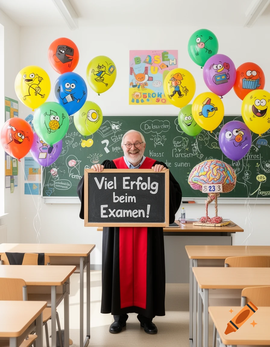 A smiling older man in a graduation gown holds a blackboard reading "Viel Erfolg beim Examen!" in a classroom filled with colorful cartoon balloons.