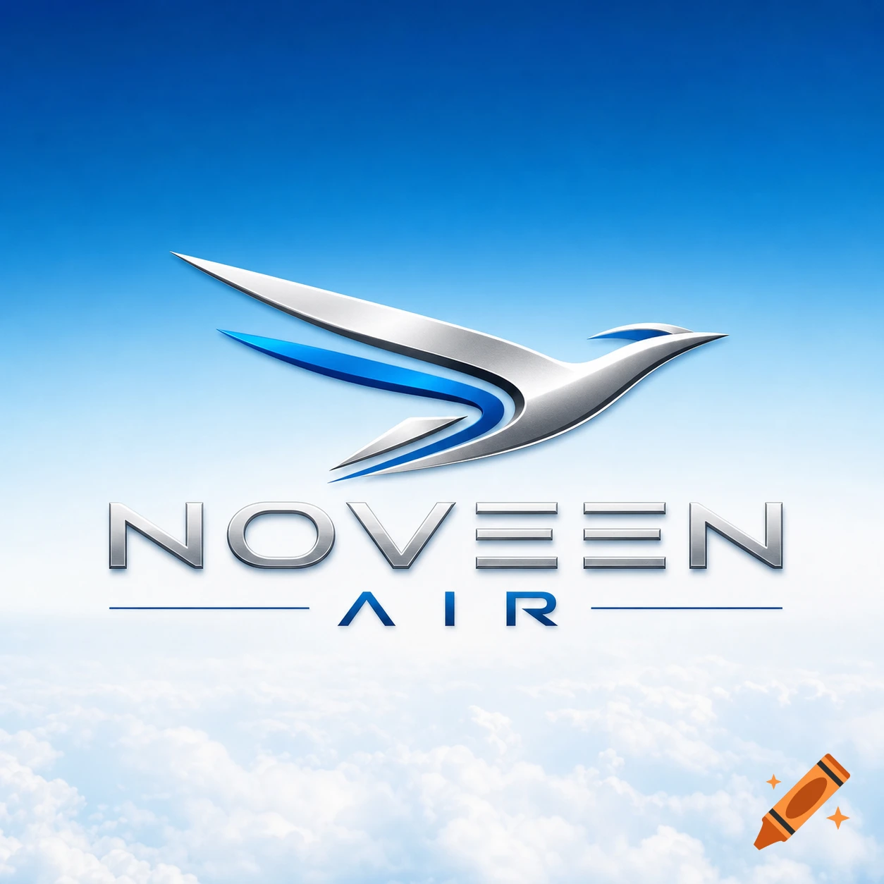 Silver and blue bird logo for Noveen Air against a gradient blue sky with white clouds below.
