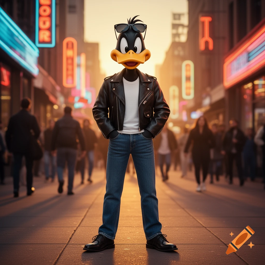 Daffy Duck in a black leather jacket, white t-shirt, blue jeans, and black shoes stands on a city street with neon signs at sunset.
