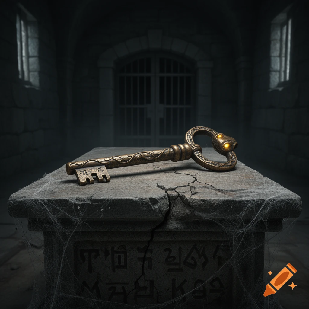 An ornate, ancient bronze key with glowing snake eyes rests on a stone crypt covered in cobwebs in a dark dungeon.