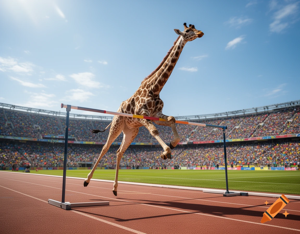 A photorealistic image of a giraffe high jumping over a bar in a crowded stadium on a sunny day.