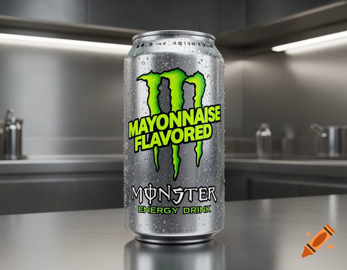A photorealistic image of a condensation-covered Monster Energy drink can with 'Mayonnaise Flavored' written on it, on a metallic surface.