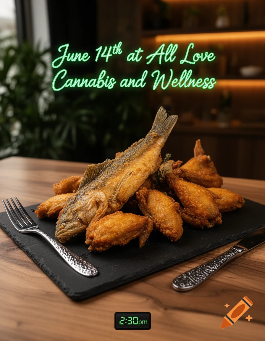 A platter of fried fish and chicken wings on a black slate, with text advertising 'June 14th at All Love Cannabis and Wellness' and '2:30pm' in a blurred background.