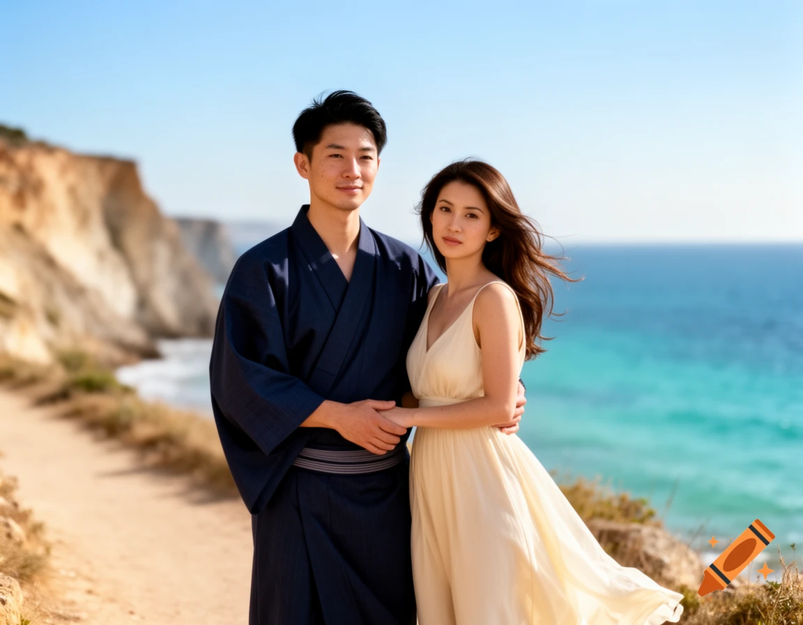 A Japanese man in a dark kimono and a woman in a cream dress stand on a coastal path, holding hands, with cliffs and a turquoise ocean in the background.