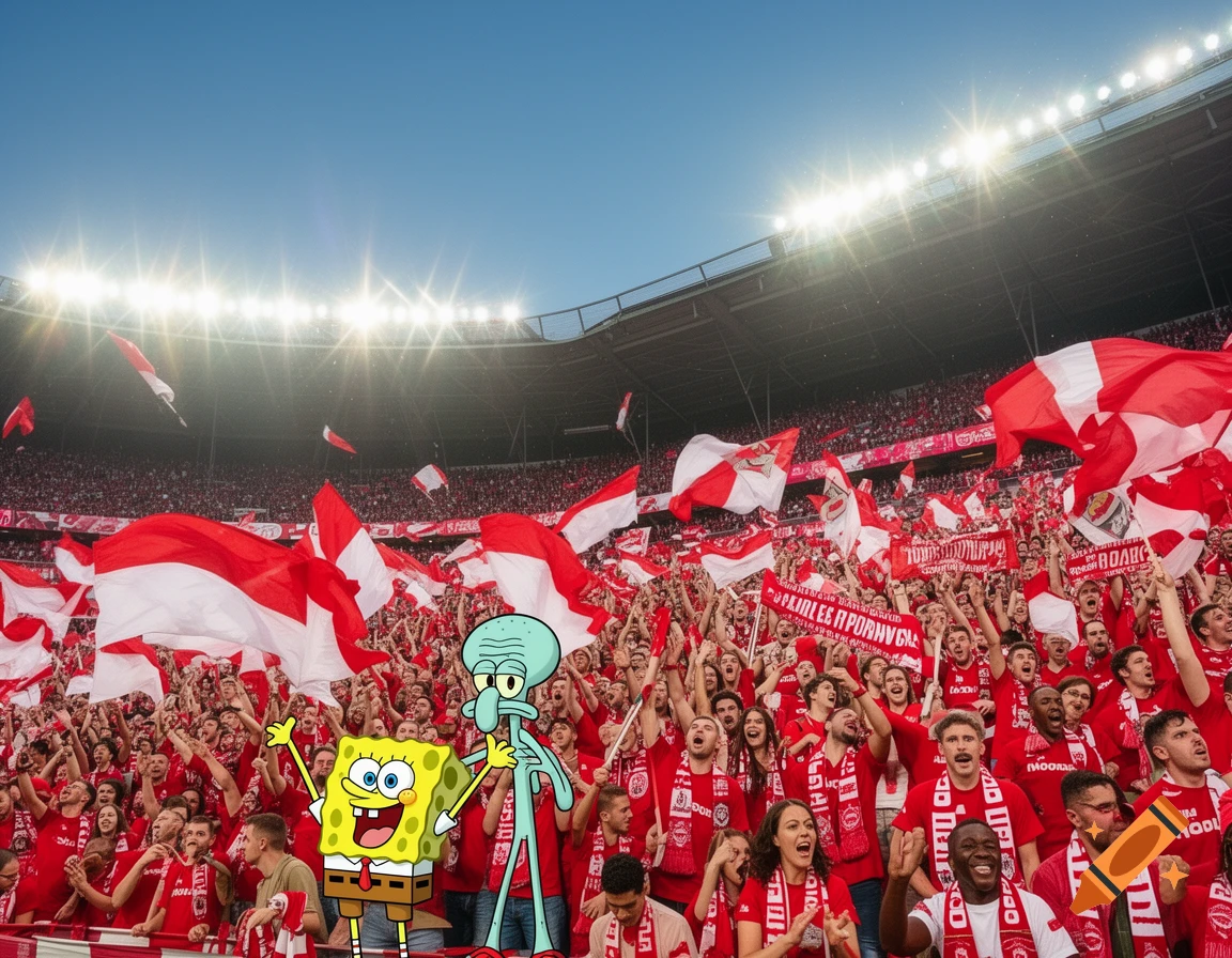 Spongebob and Squidward among a cheering crowd of soccer fans in a stadium, holding red and white flags and scarves.