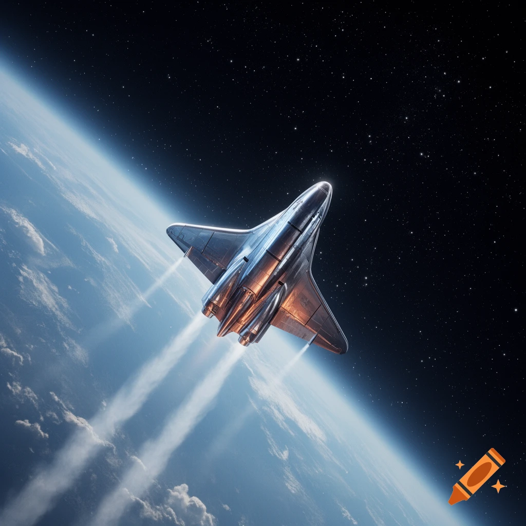 A metallic space shuttle ascends from Earth's blue atmosphere into the dark, star-filled cosmos, with exhaust trails glowing.