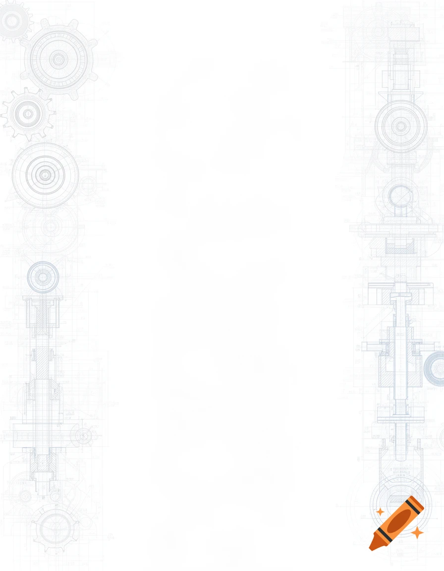 Minimalist white background with subtle blue and gray engineering blueprint elements of gears and machine parts along the margins.