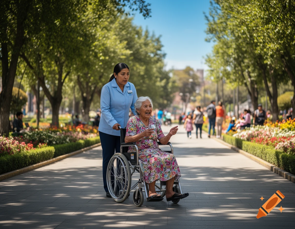 Photorealistic image of a caregiver pushing a smiling elderly woman in a wheelchair down a sunny park path lined with trees and flowers.