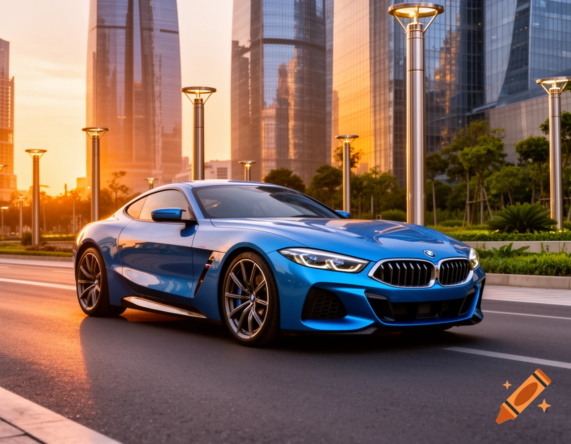 A sleek blue BMW sports car is parked on a city street with modern skyscrapers and a warm sunset glow in the background.