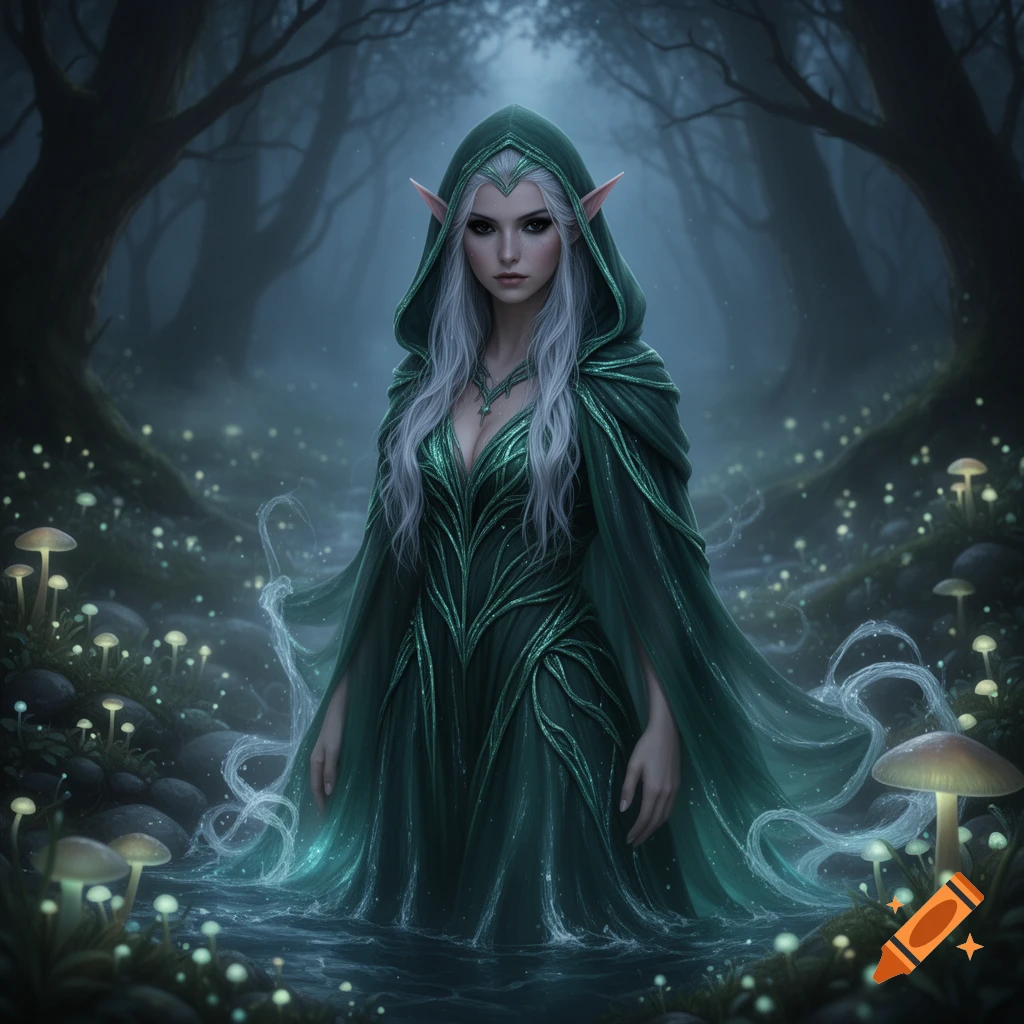 A female water druid with silver hair and pointed ears stands in an enchanted forest with glowing mushrooms, light shimmering on water.
