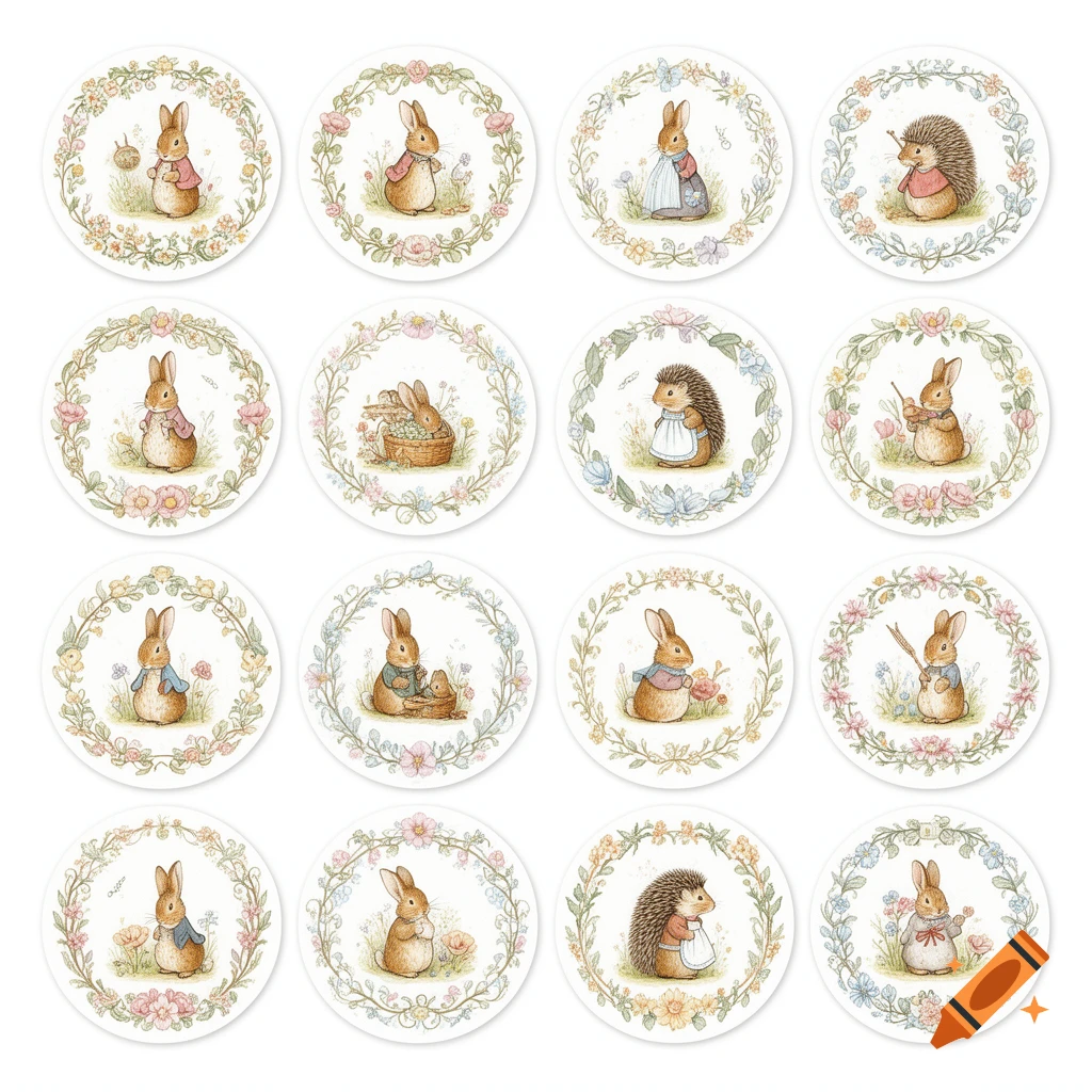 Sixteen round watercolor illustrations of anthropomorphic bunnies and hedgehogs in various poses, each framed by a floral wreath.