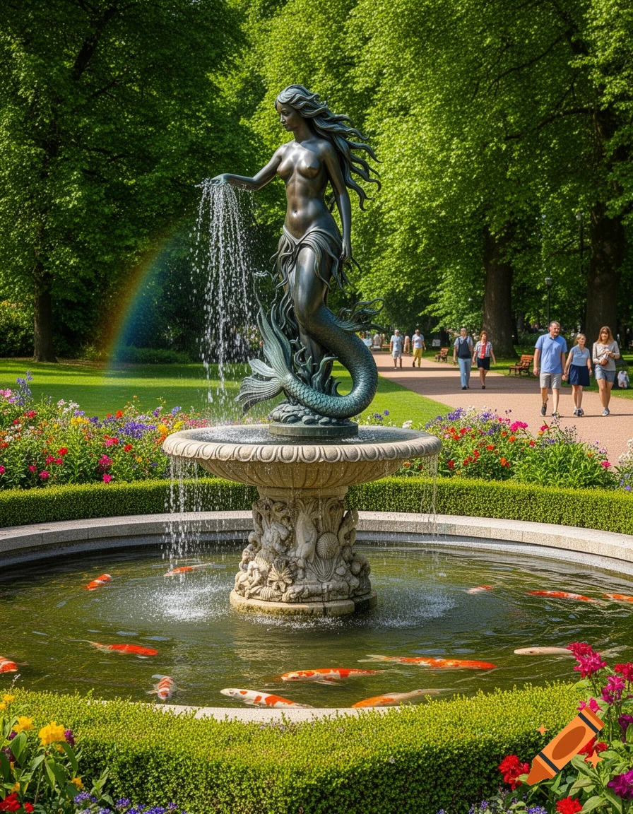 A bronze mermaid statue fountain in a lush green park with colorful flowers, a rainbow, and koi fish swimming in the pond.