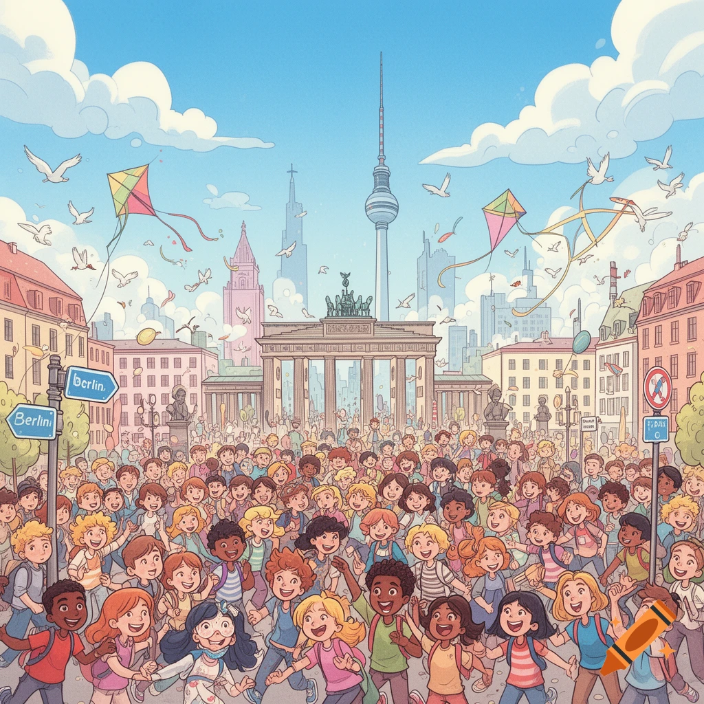 A colorful children's book illustration shows a large crowd of diverse, happy children running through a sunny Berlin city square with landmarks.