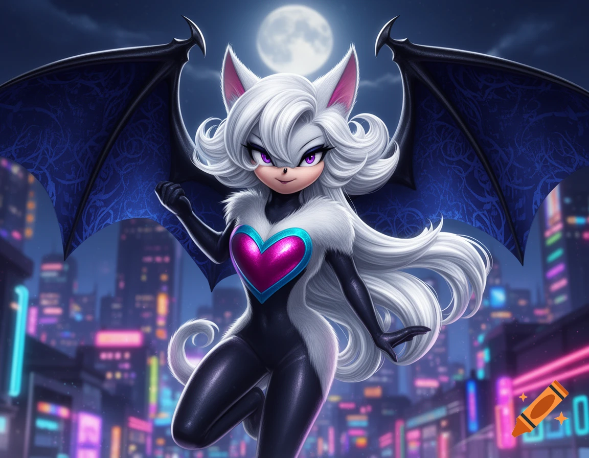 Rouge the Bat with long white hair and dark blue wings, wearing a black suit with a pink heart emblem, against a neon-lit night city background and full moon.