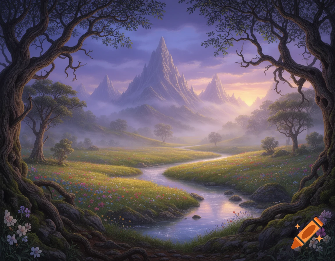 A vibrant fantasy landscape at sunset, featuring a winding river through a flower-filled meadow, framed by ancient gnarled trees, with majestic misty mountains in the background.