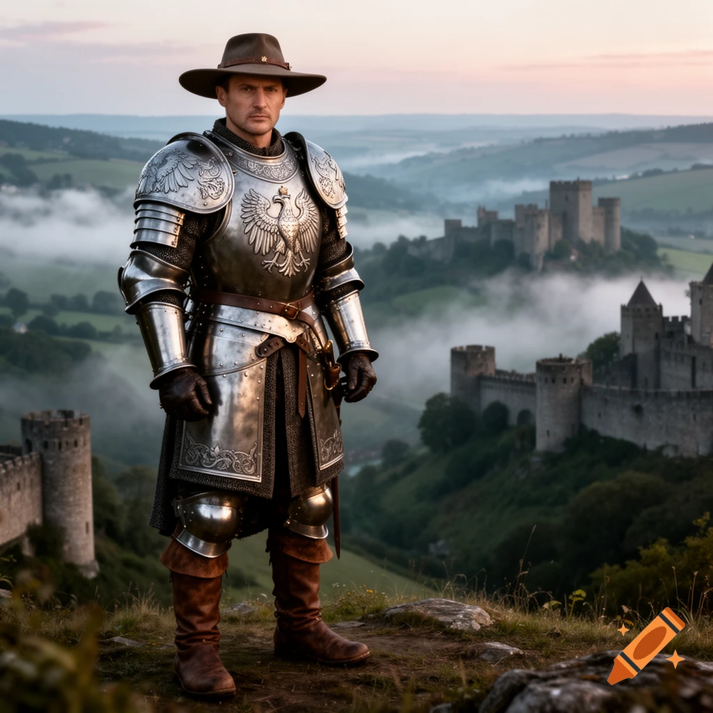 A man resembling Oppenheimer in medieval armor with an eagle emblem and a classic hat stands on a hill overlooking a misty valley with castles.