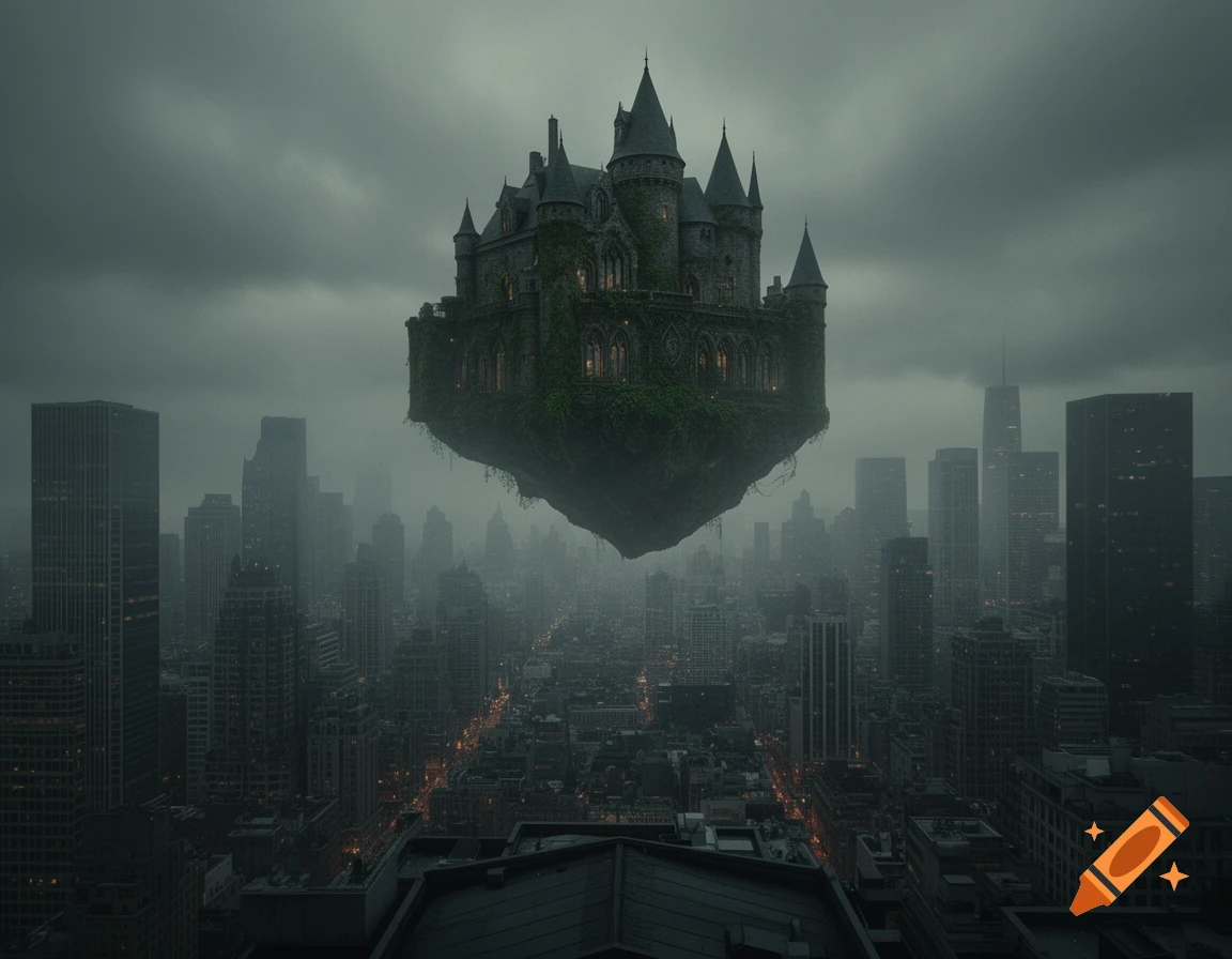 A dark, overgrown castle floats majestically above a sprawling, gloomy city under a cloudy, grey sky.