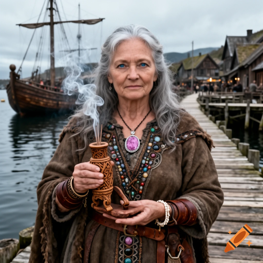 Mature woman in Viking attire holds a smoking incense burner on a pier, with a ship and village behind her.