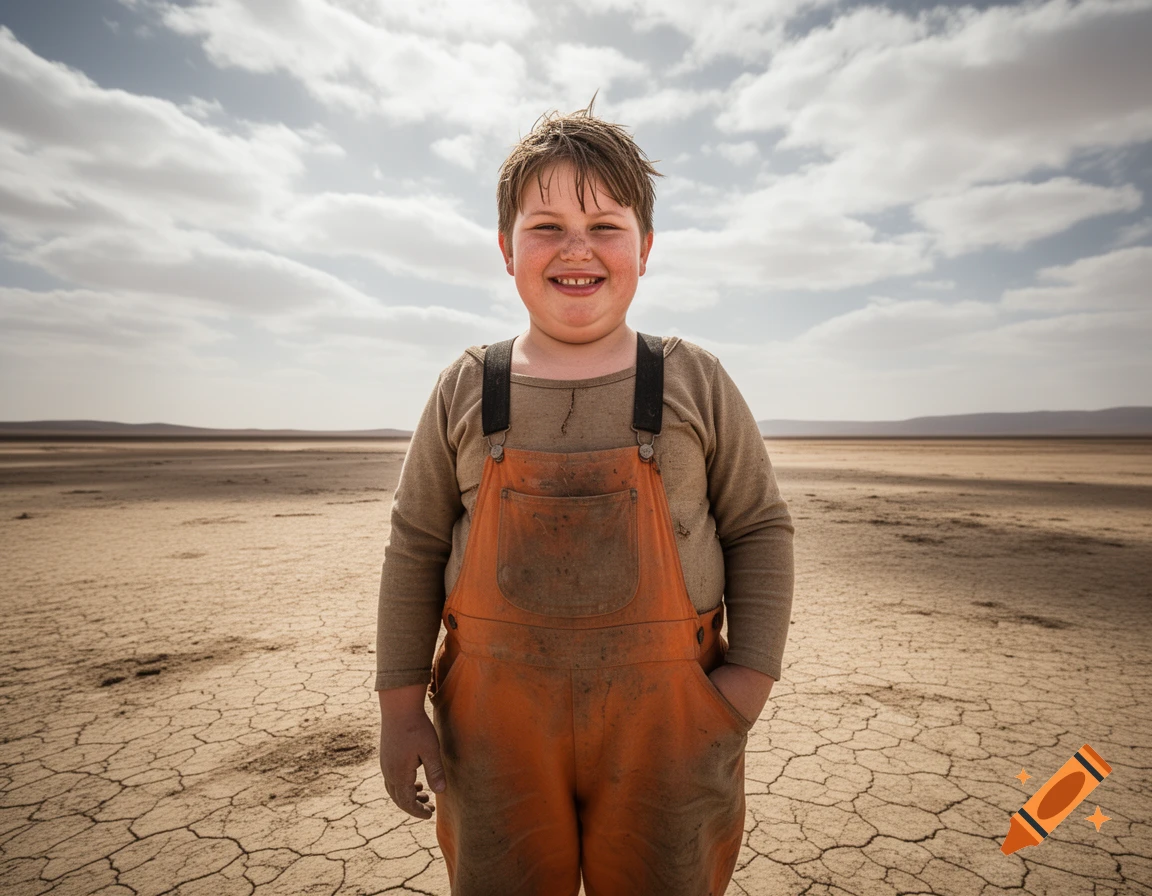 A chubby boy in dirty orange overalls smiles at the camera, standing in a cracked desert landscape under a cloudy sky.