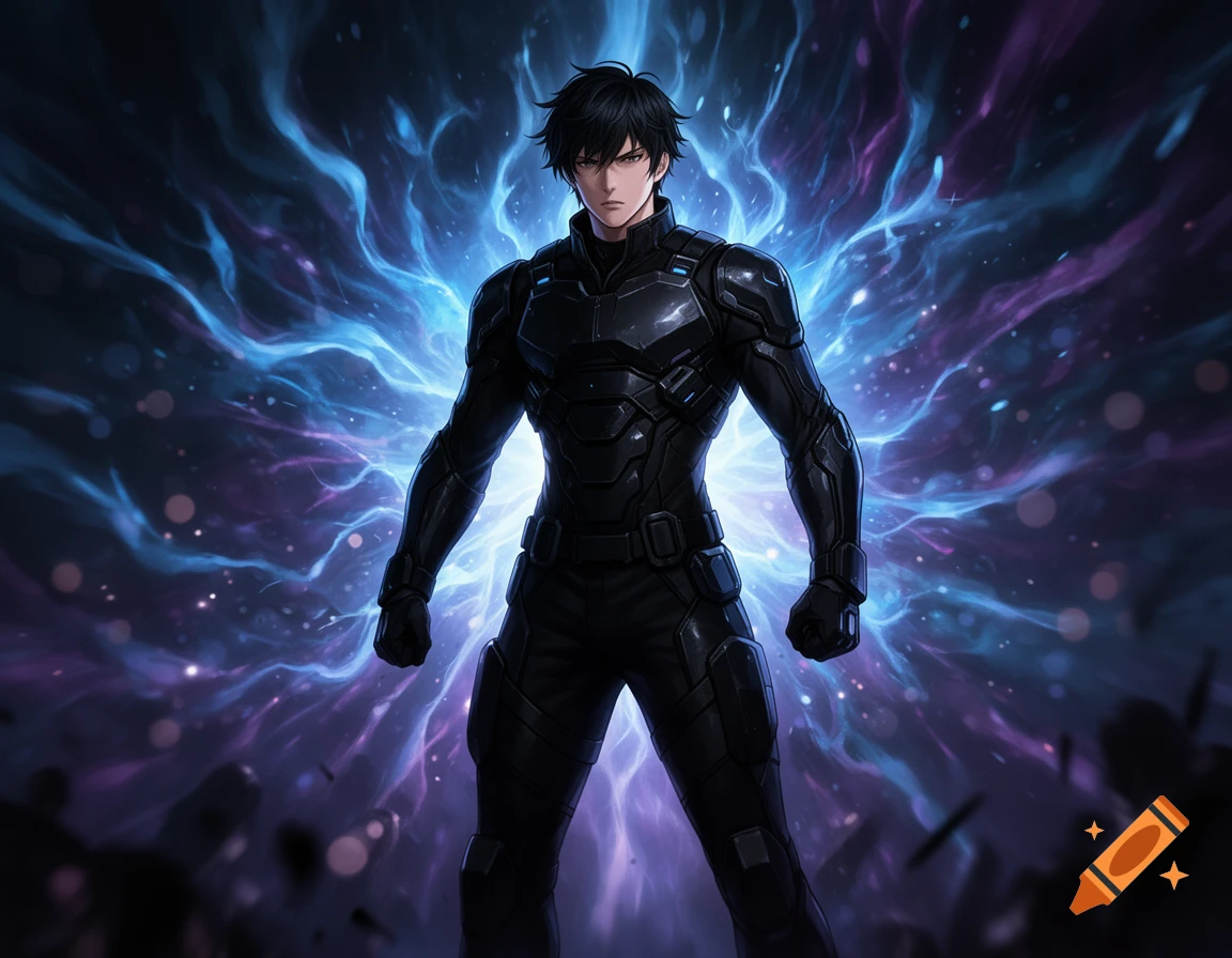 An anime man with black hair in a black futuristic suit stands against a swirling blue and purple energy background.