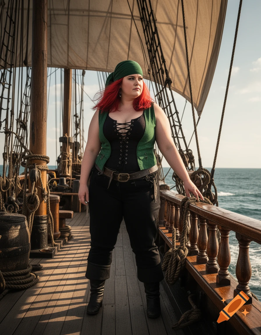 A plus-size woman with red hair and a green headwrap dressed as a pirate stands on a ship's wooden deck, looking out at the ocean.