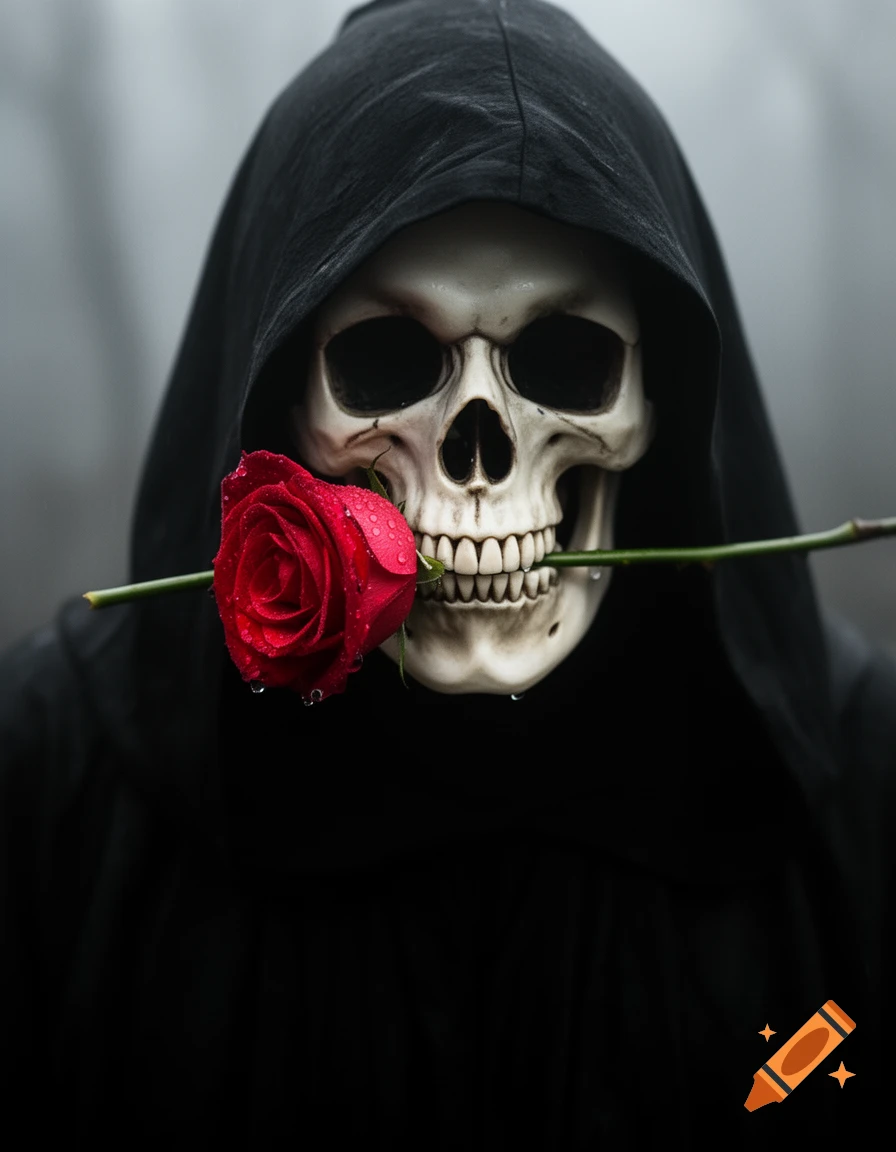 Close-up photorealistic image of the Grim Reaper, a skull wearing a black hood, holding a red rose between its teeth in a misty setting.