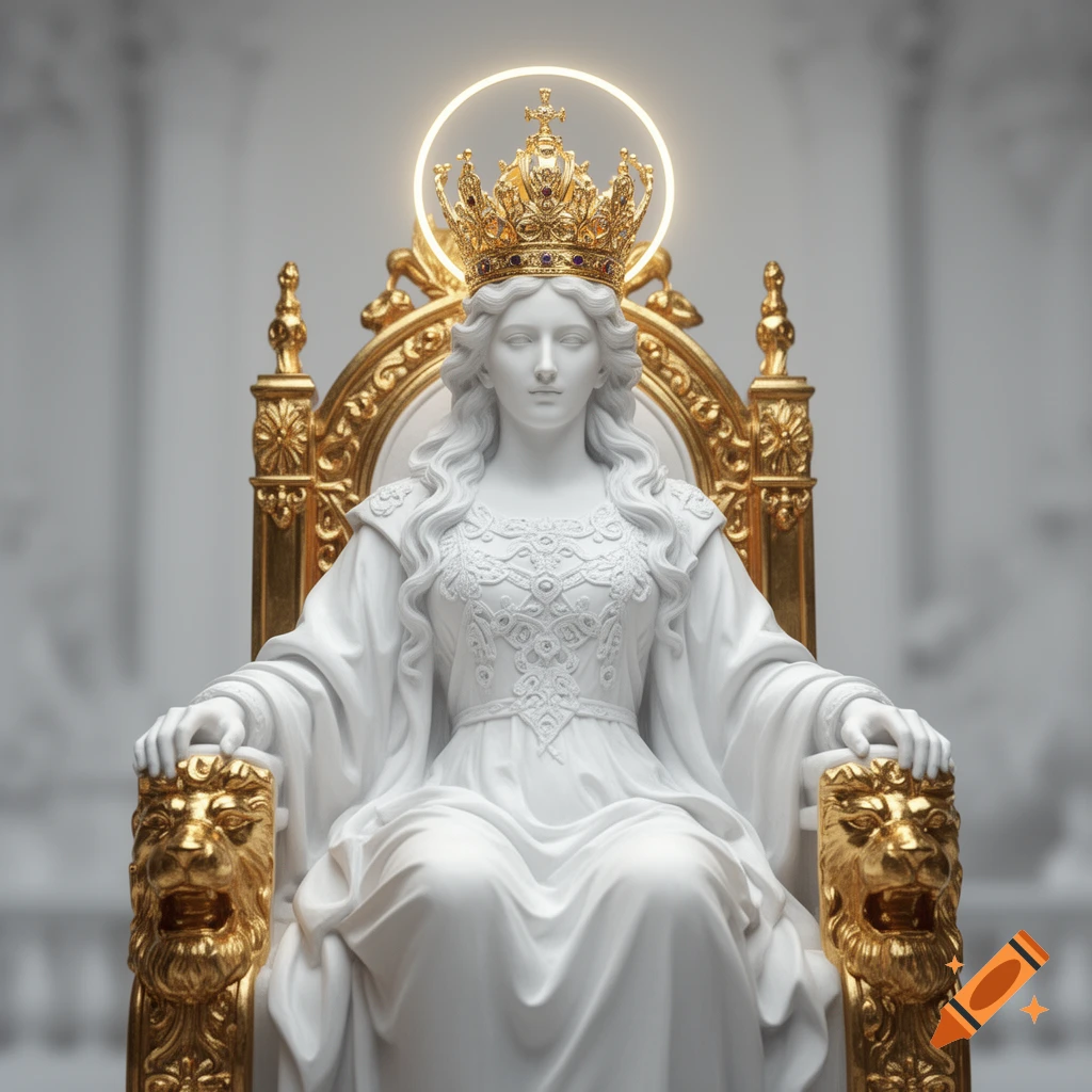 Photorealistic white marble statue of a queen with a golden crown and glowing halo, seated on an ornate golden throne with lion head armrests.