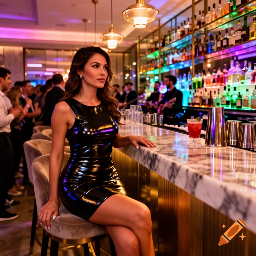 A photorealistic image of a woman in a shiny black dress sitting at a marble bar in a vibrant nightclub with colorful bottles and patrons.