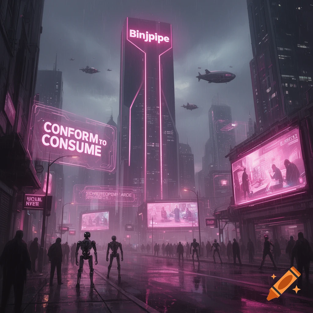 A dark, rainy, futuristic cyberpunk city street lit by bright neon pink signs with crowds of people and robots.