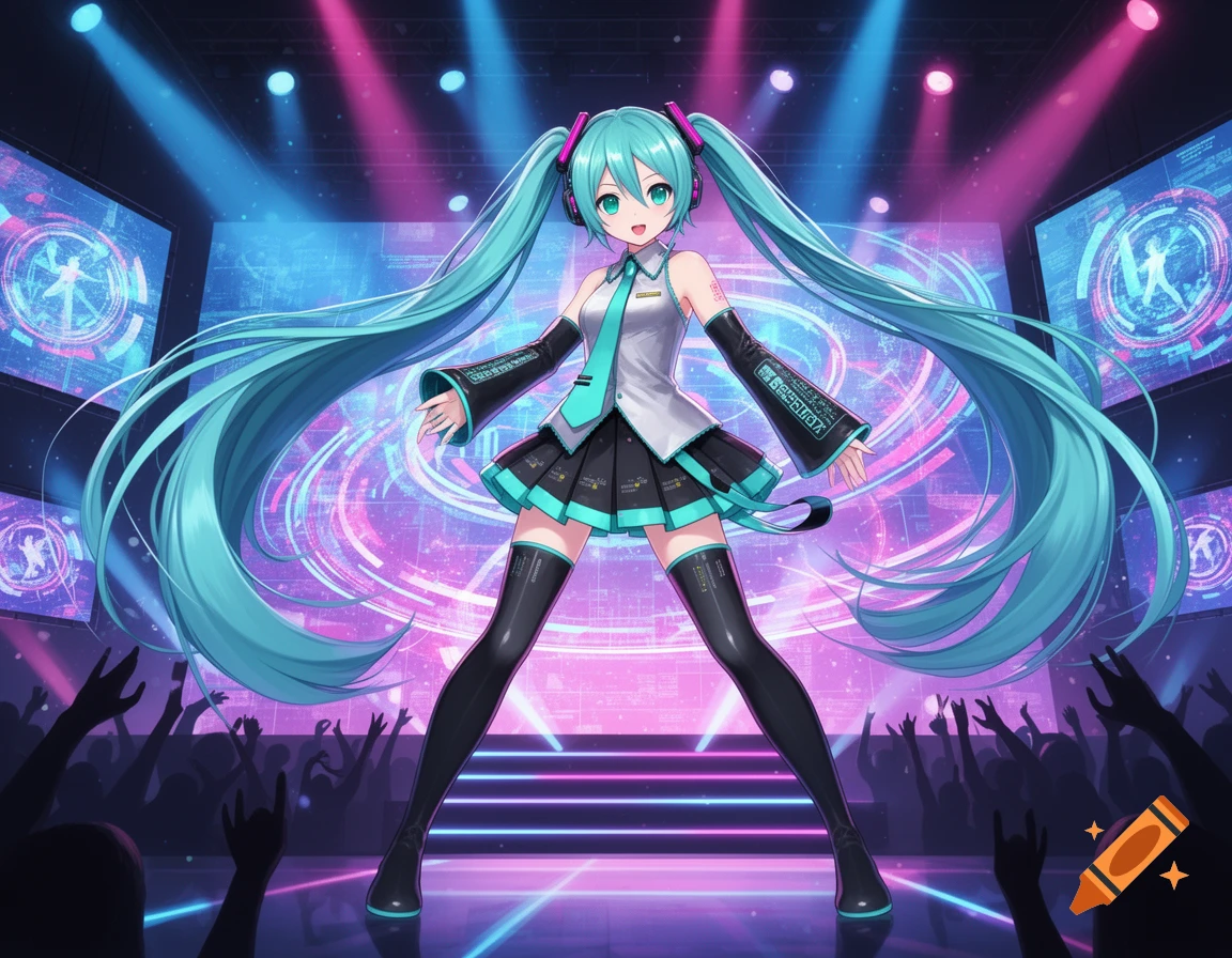 Hatsune Miku performs on a vibrant stage with pink and blue lights, screens displaying tech graphics, and a silhouetted audience.