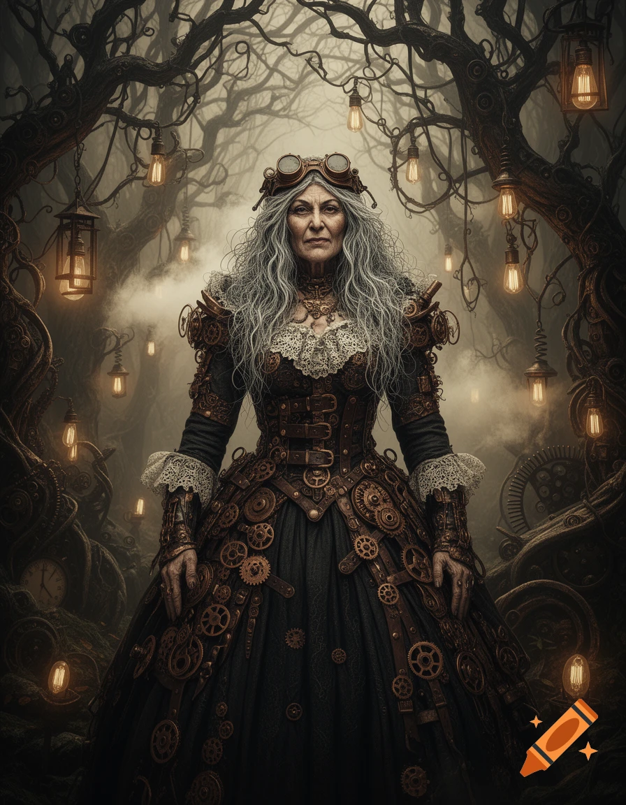 A stern, gray-haired woman in a steampunk gown adorned with gears and goggles stands in a dark, gnarled forest illuminated by glowing bulbs.