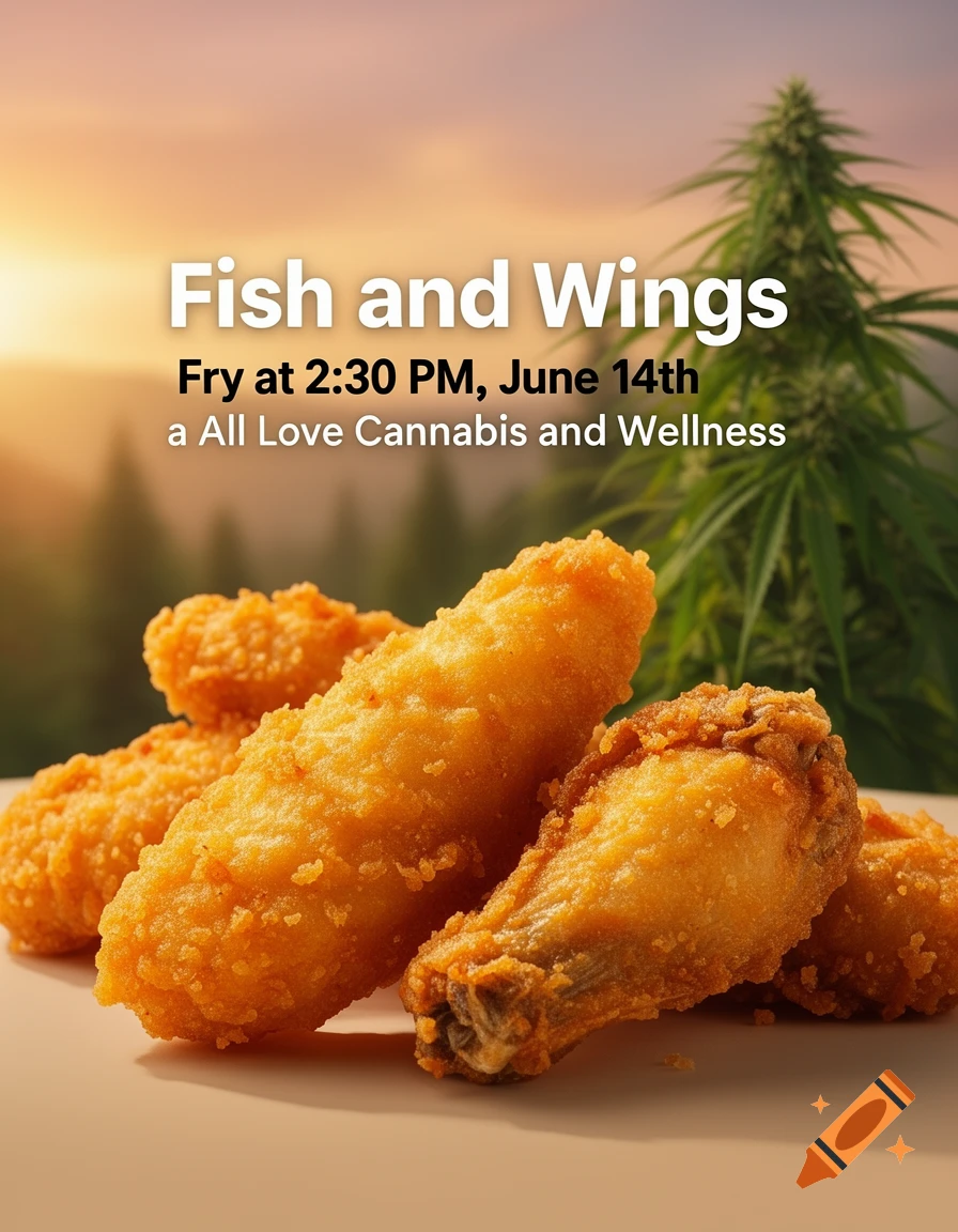 A poster with crispy fried fish and chicken wings in the foreground. In the background, a cannabis plant stands against a sunset sky. Text reads "Fish and Wings Fry at 2:30 PM, June 14th a All Love Cannabis and Wellness".