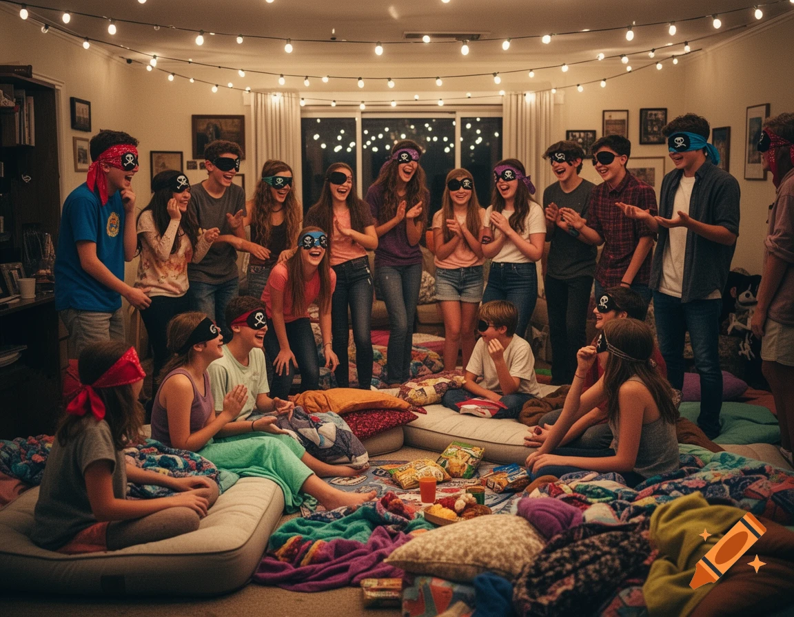 A lively group of teenagers at a sleepover, wearing pirate eye patches and laughing while playing games in a cozy room with string lights, snacks, blankets, and pillows scattered around.