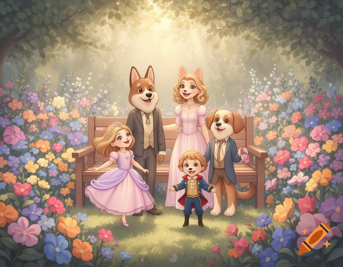 An anthropomorphic dog family with two children poses in a vibrant flower garden with a bench, in a fairytale illustration style.
