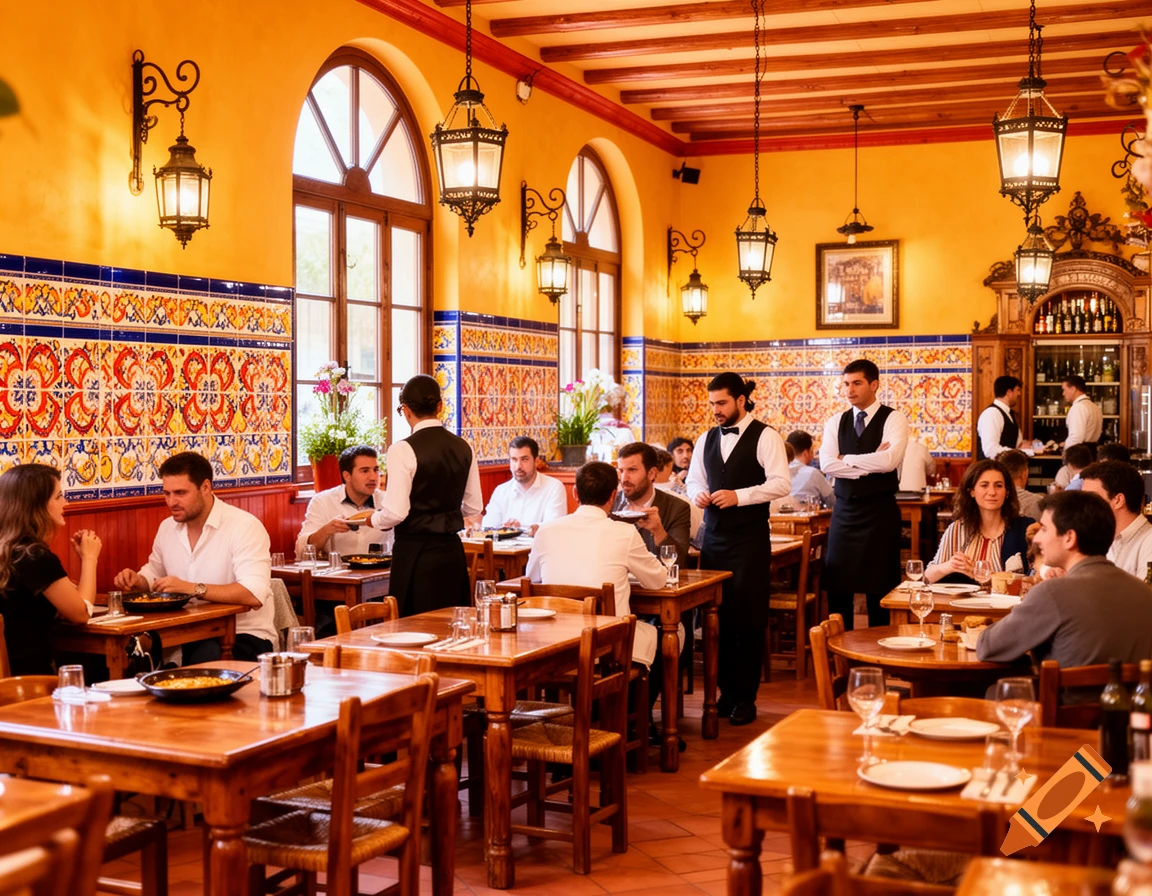 A bustling Spanish restaurant with patrons dining at wooden tables and waiters serving, featuring warm yellow walls and colorful patterned tiles.
