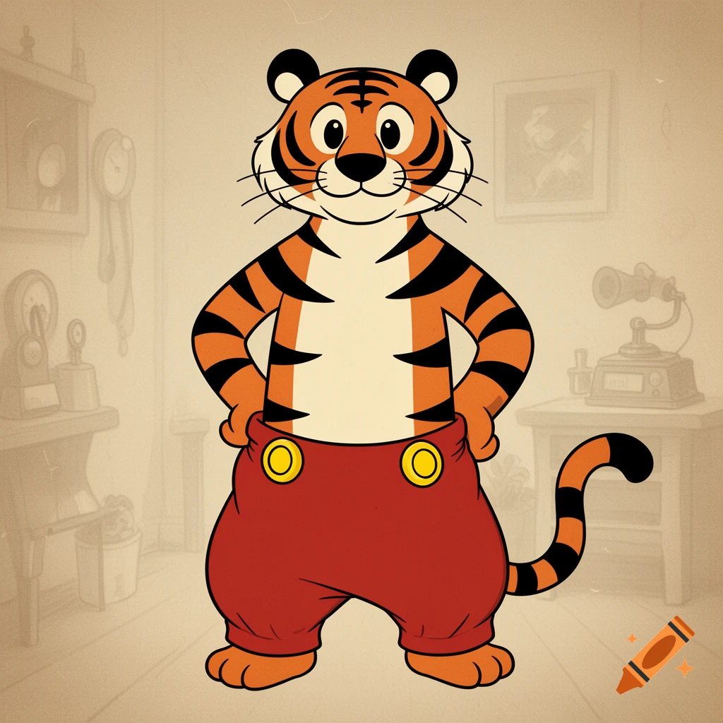 A vintage rubber hose cartoon tiger wearing red pants stands with hands on hips in a faintly sketched room.