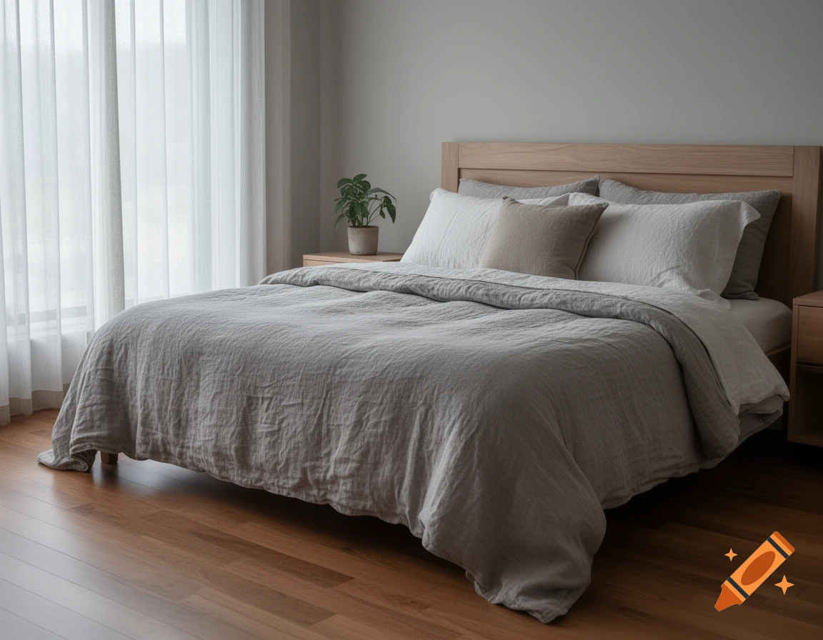 A minimalist bedroom with a bed featuring light grey linen bedding, a wooden headboard, a plant, and sheer curtains.