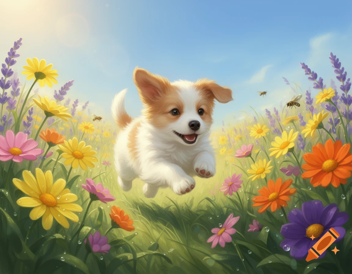 A cute white and orange puppy leaps through a vibrant field of colorful flowers under a bright blue sky, with bees flying.