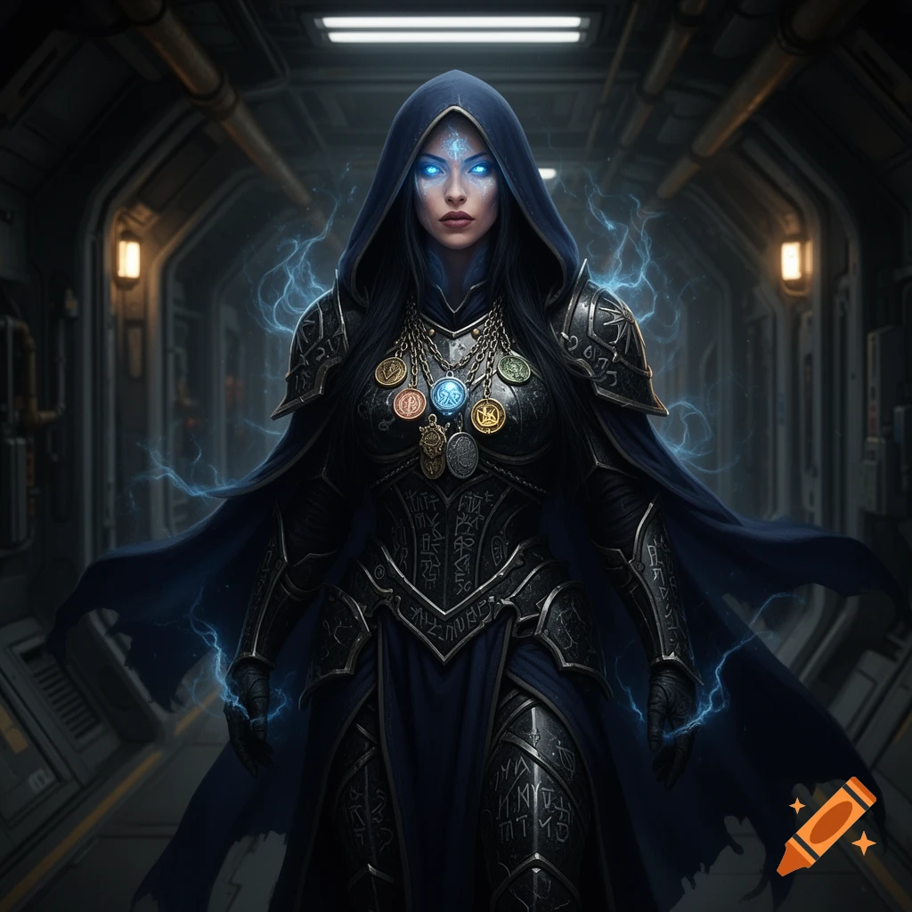 A female psyker in blue hooded armor with glowing blue eyes and electrical energy stands in a sci-fi corridor.