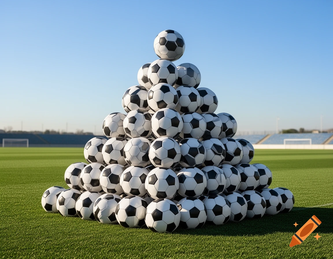 A pyramid stack of black and white soccer balls on a green grass field with a stadium in the background under a blue sky.