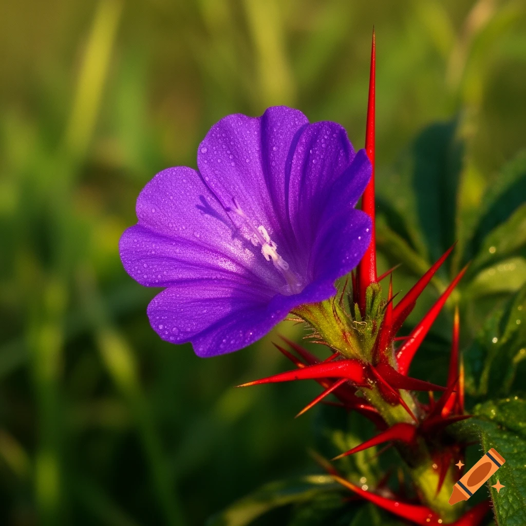 A vibrant purple flower with dew drops on its petals grows alongside a stem with sharp red thorns against a blurred green background.