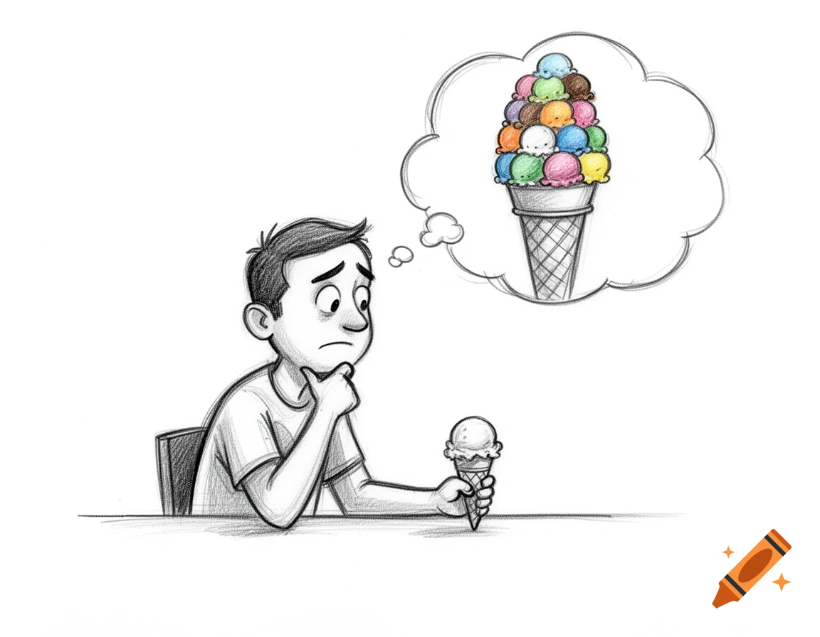 A cartoon pencil sketch of a boy sadly looking at a small ice cream cone while imagining a giant, colorful ice cream cone in a thought bubble.