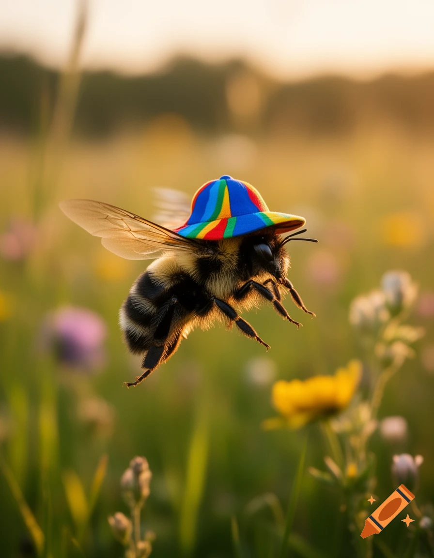 A realistic bumblebee flies in a sunny meadow, wearing a vibrant rainbow-striped fishing hat.