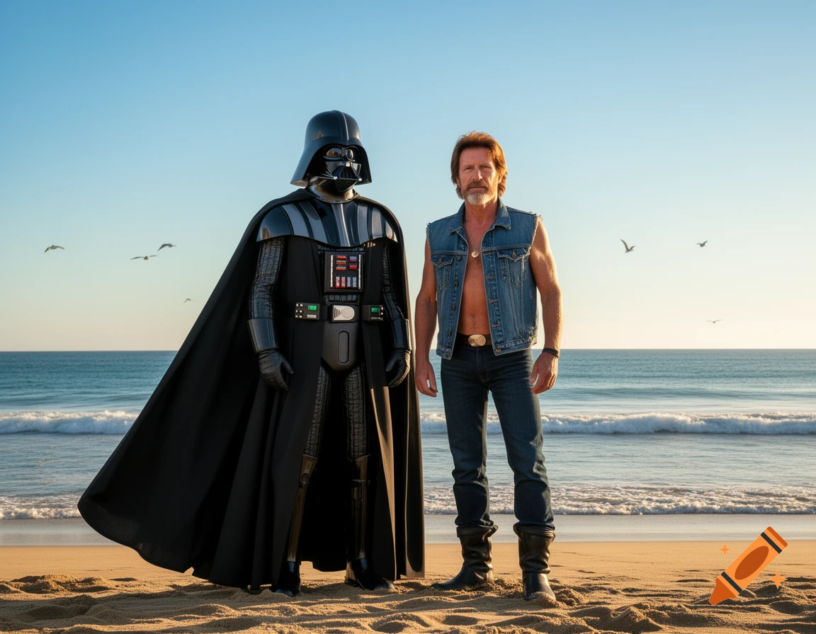 Darth Vader and a man in a denim vest standing on a sunny beach with the ocean behind them.
