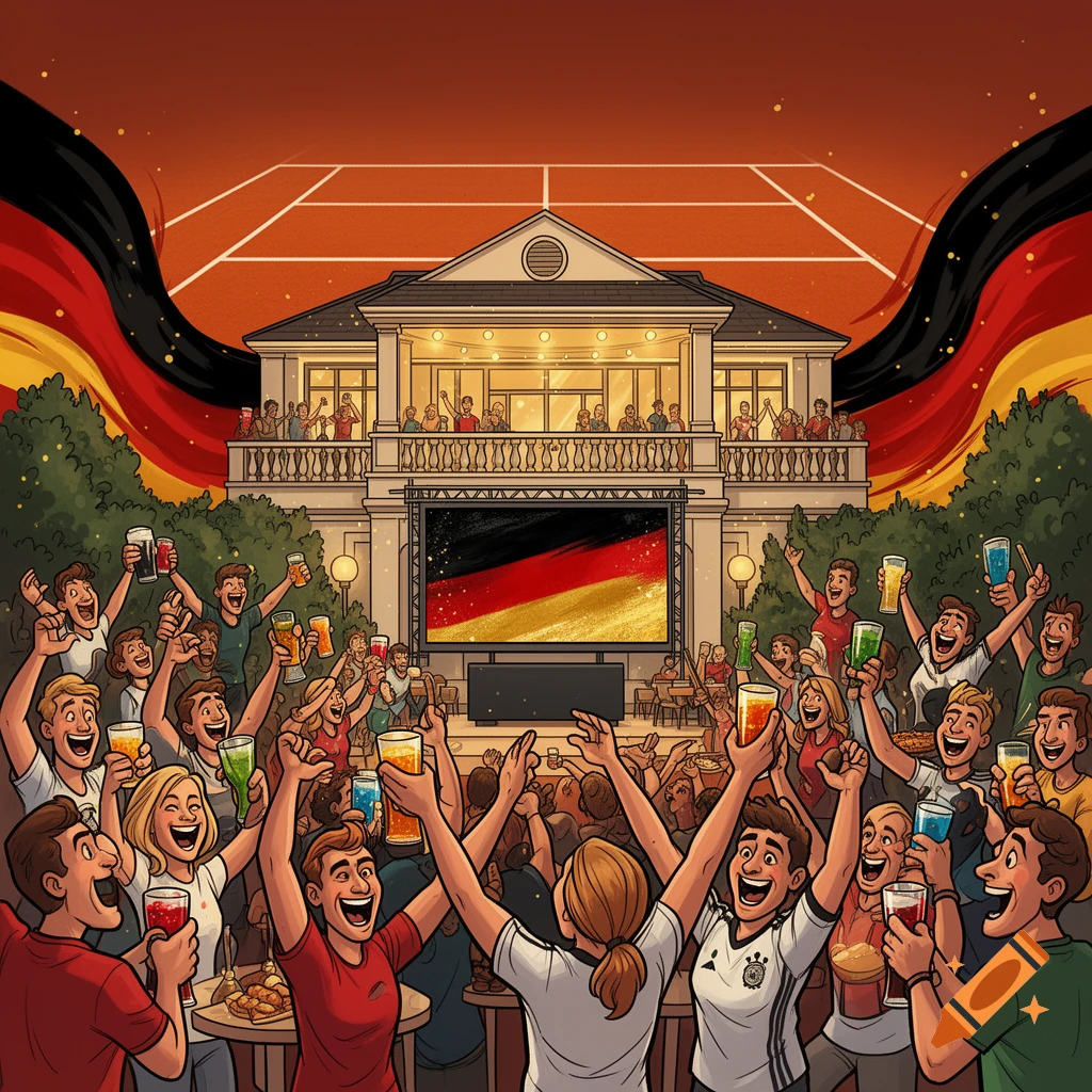 Vibrant cartoon of a crowd celebrating at a public viewing event, raising drinks and cheering in front of a screen showing the German flag.