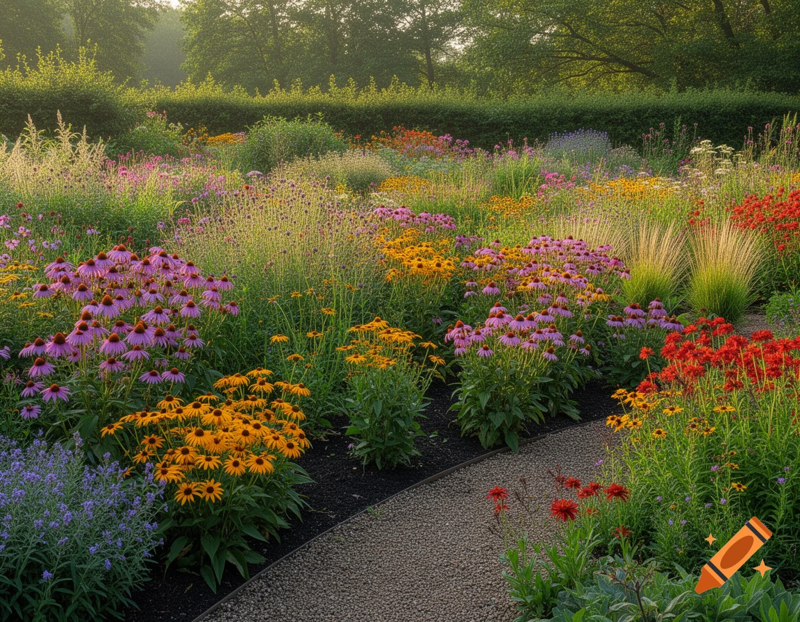A vibrant garden path winding through beds of colorful purple, yellow, and red flowers, with lush green hedges.