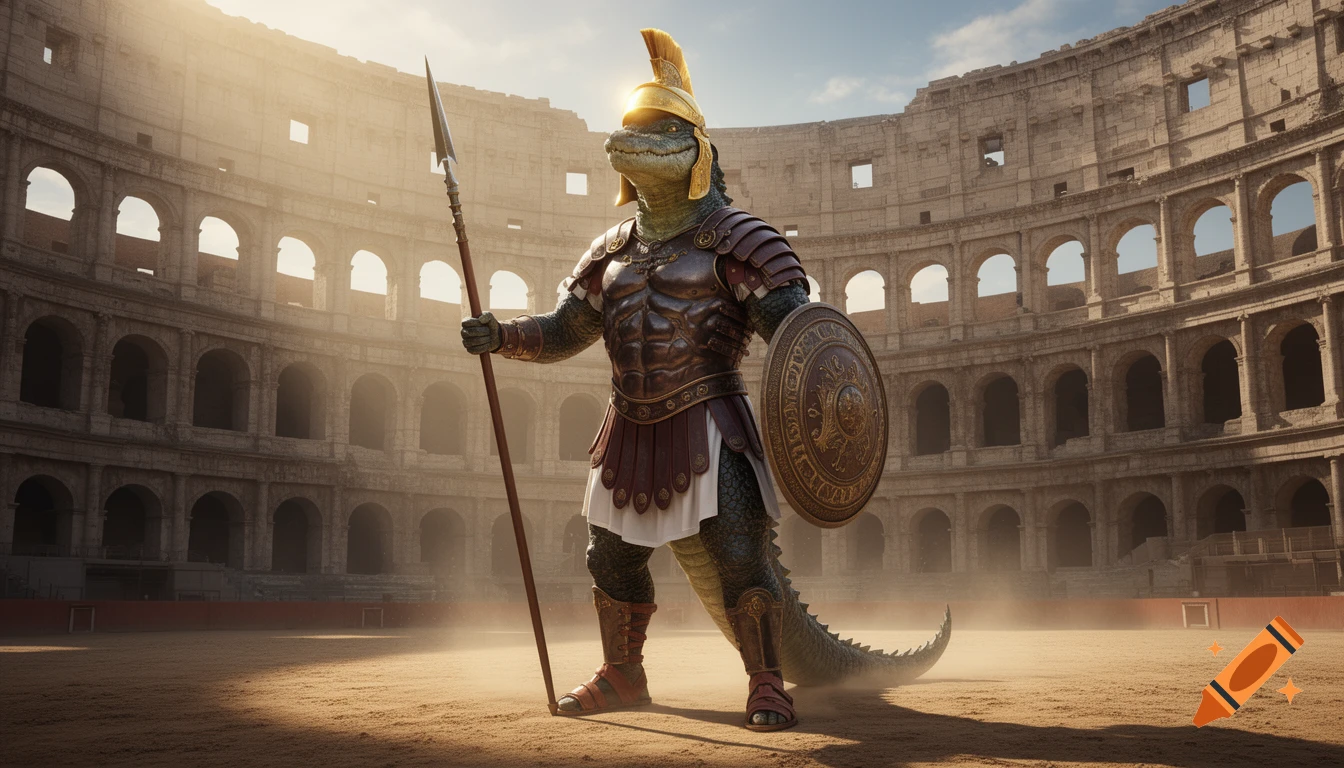 An anthropomorphic alligator gladiator with a golden helmet, spear, and shield stands in the sandy Roman Colosseum under dramatic sunlight.