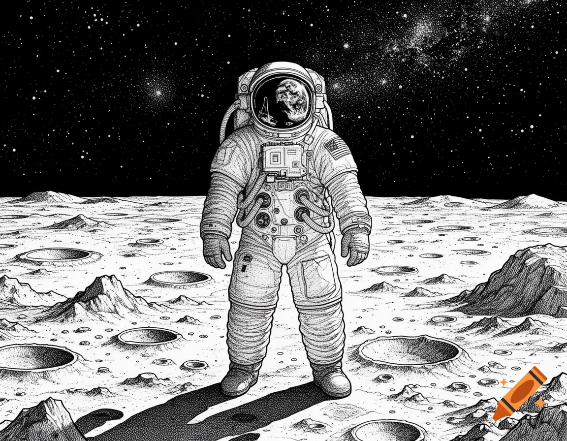 Black and white line drawing of an American astronaut standing on the Moon's cratered surface under a starry sky.